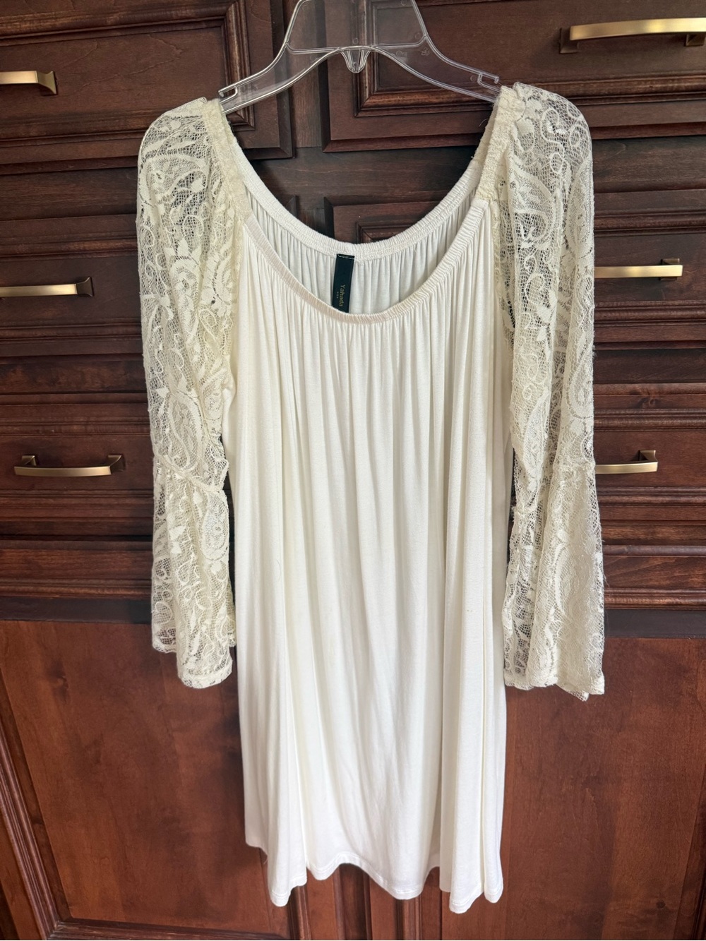 Yahada Cream Lace-Sleeve Long Dress